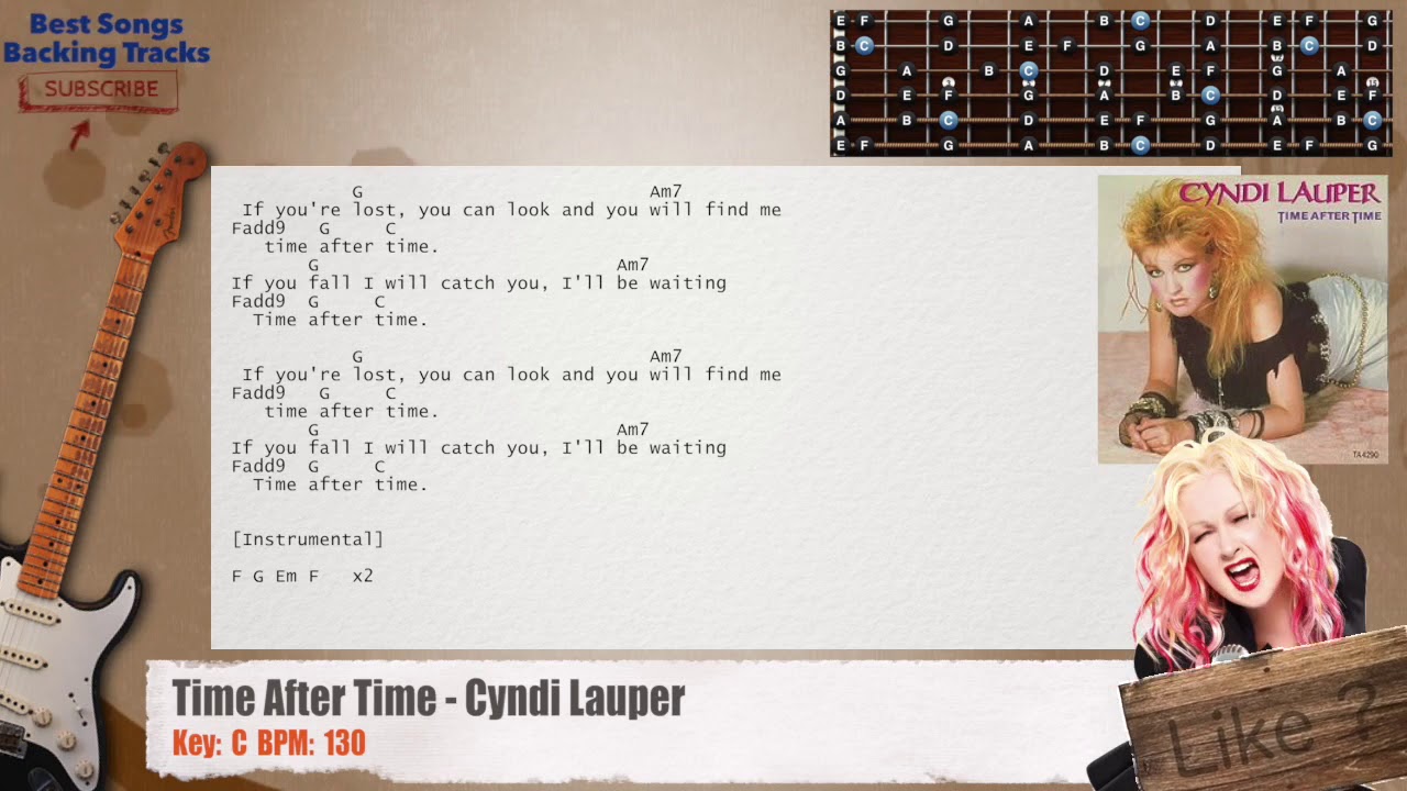 🎸 Time After Time - Cyndi Lauper Guitar Backing Track with chords and lyrics