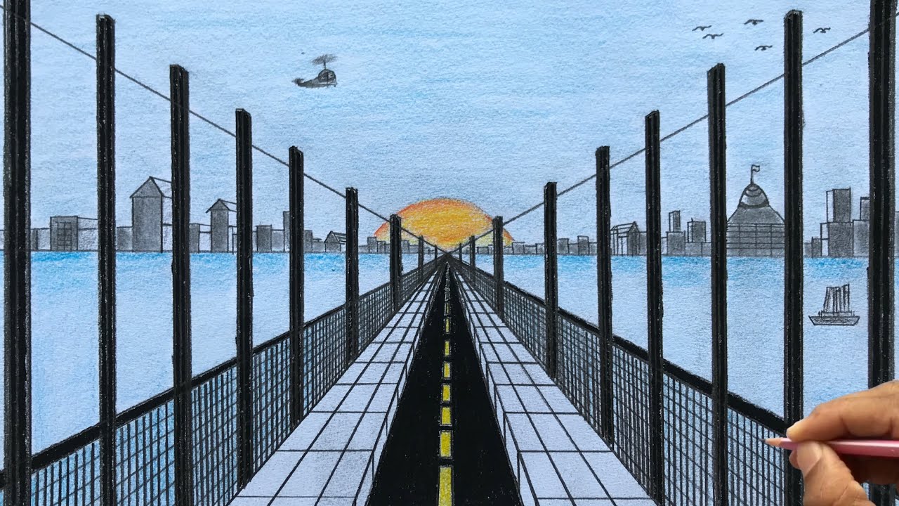 How To Draw Using 1-Point Perspective: Draw Bridge over River Step-by-step