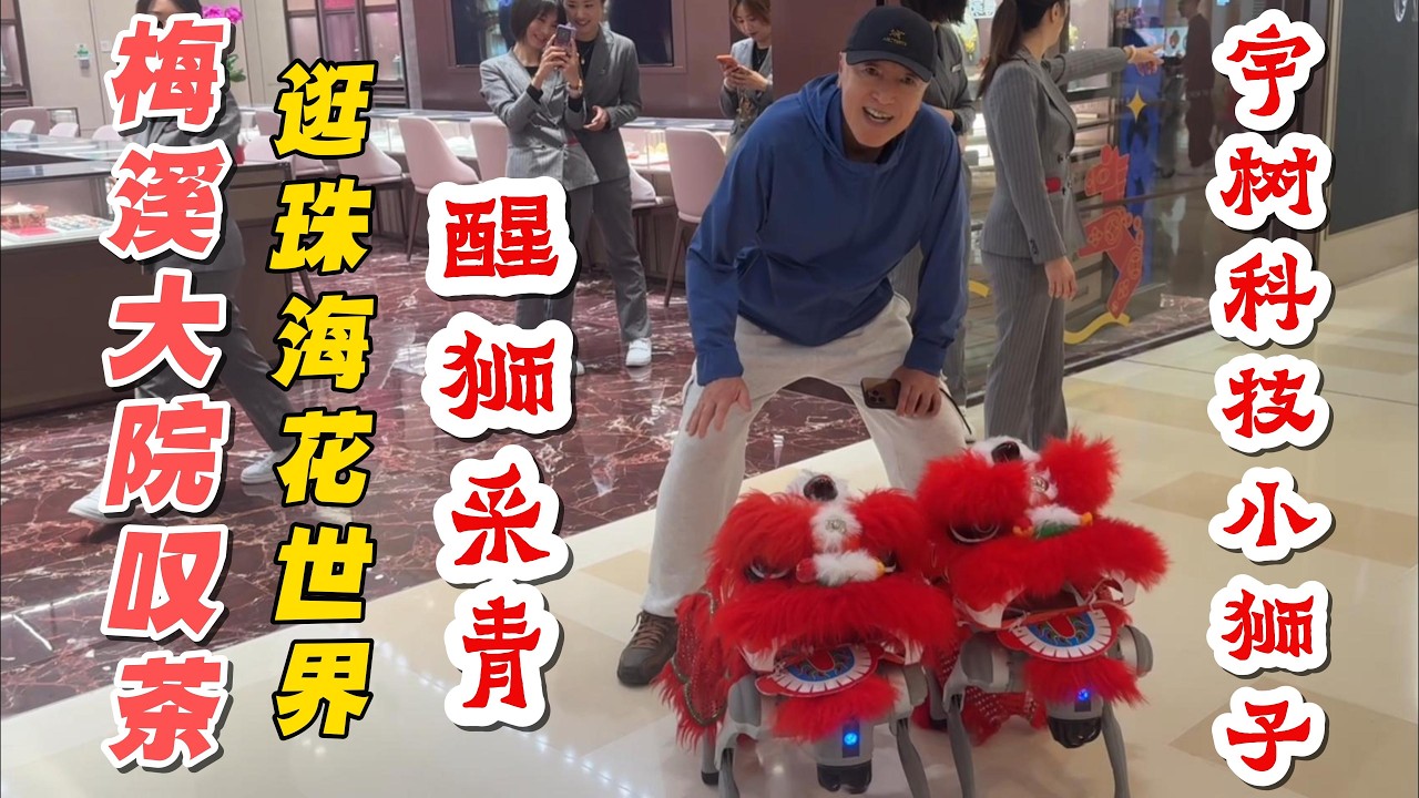 宇樹科技小獅子握手賀新春 梅溪大院飲茶環境優雅價格平 逛珠海新春花市 醒獅採青【293】Unitree Technology's lion cubs celebrate the New Year