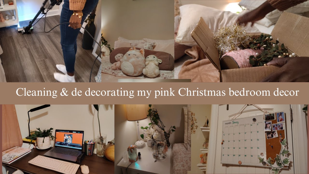 🩷🌱Cleaning| De-decorating my pink Christmas 🎄 bedroom decor