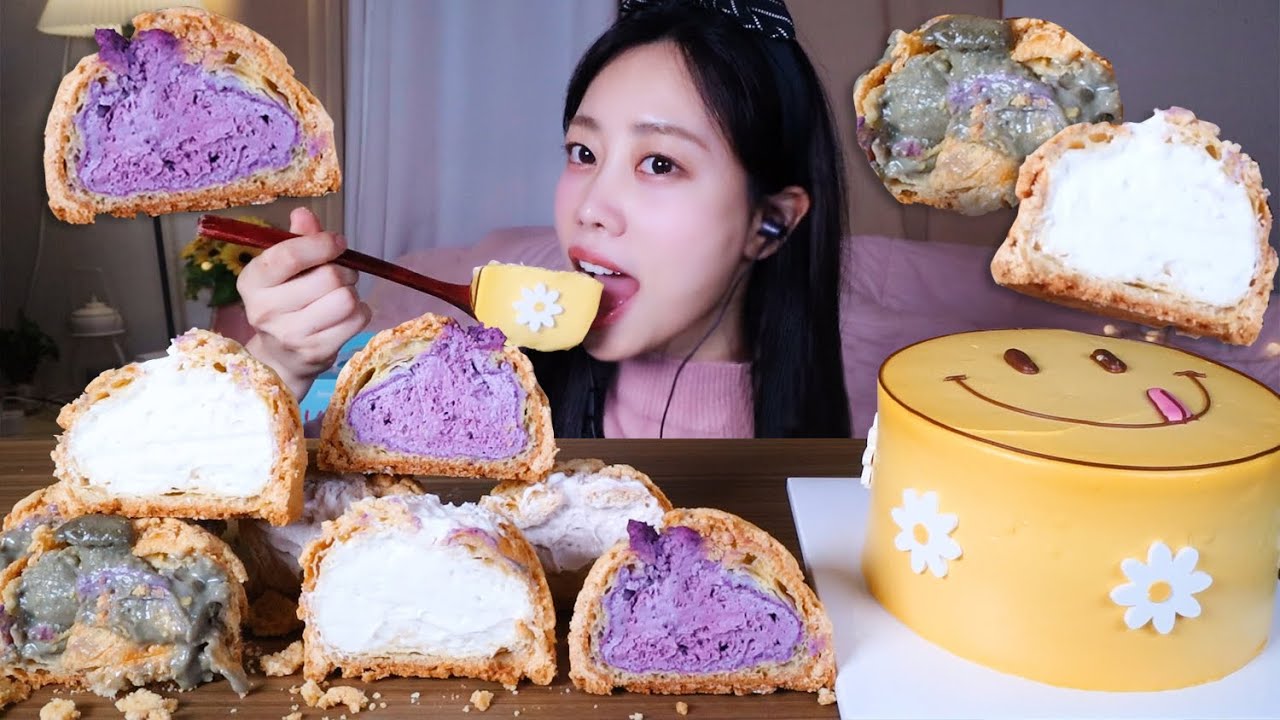 ASMR 소리 최강..노티드 도넛 케이크 크림 폭발 슈 종류별로 먹방 ( Dessert Cake Cream Bread Mukang Eating sounds )