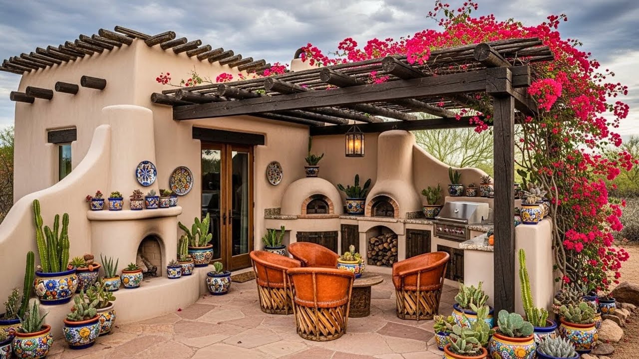 48 Dreamy Mexican Style Outdoor Kitchen Patios With Adobe Fireplaces, Blue Ceramic Planters, Bougain