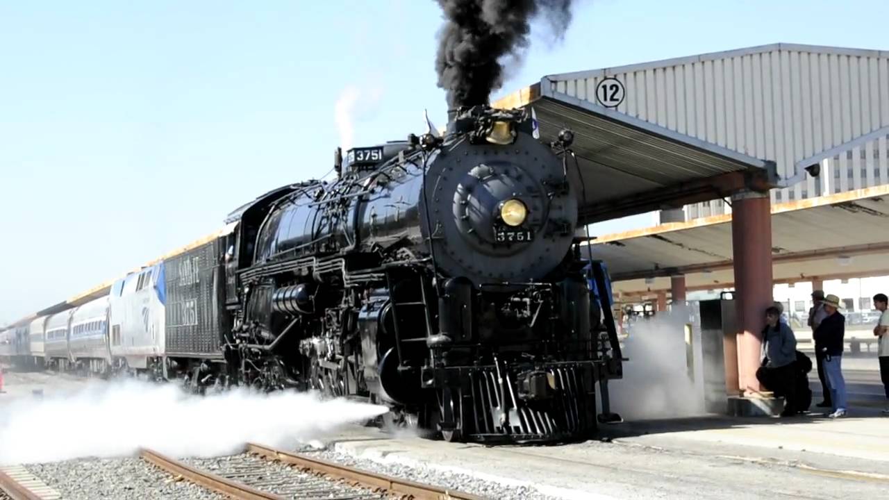 Santa Fe 3751 Steam Locomotive leaving Los Angeles for San Diego