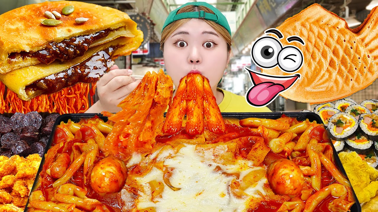 Traditional market plac Mukbang! FRIED CHICKEN Tteokbokki Eating show by HIU 하이유