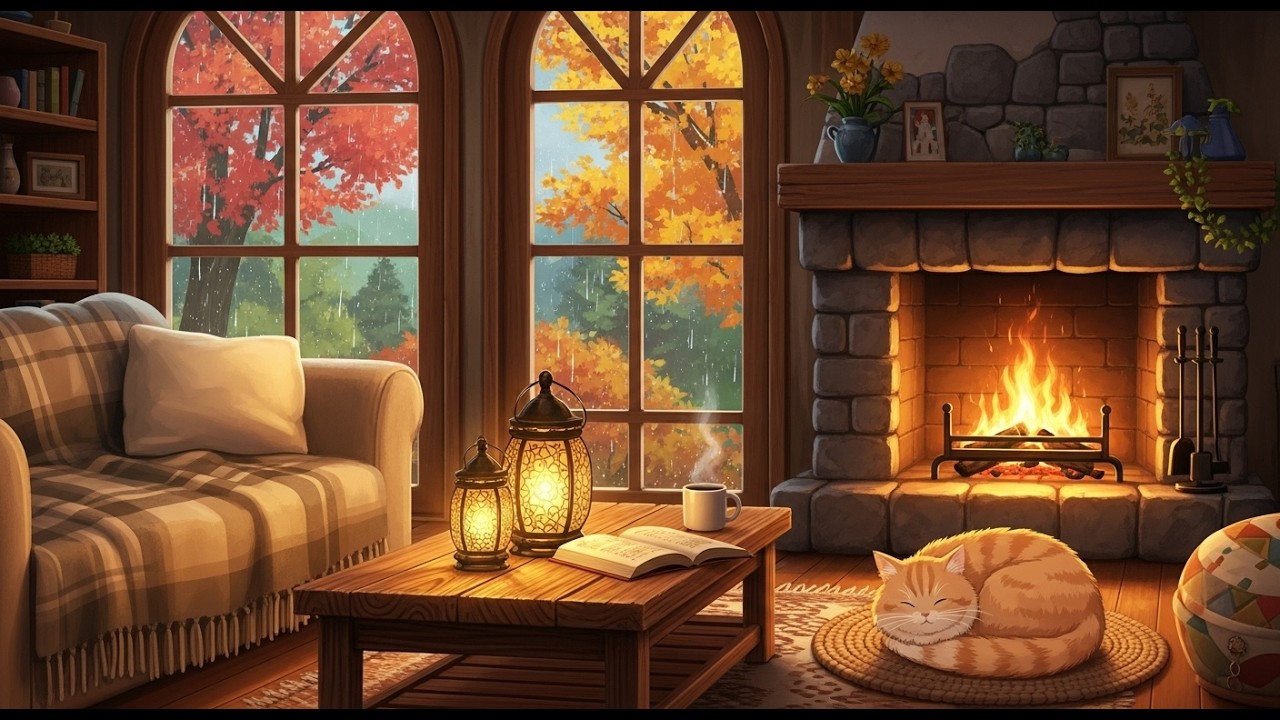 Cozy Fireplace Cabin Ambience 🌧️ Soothing Lofi for Relax, Focus & Rest