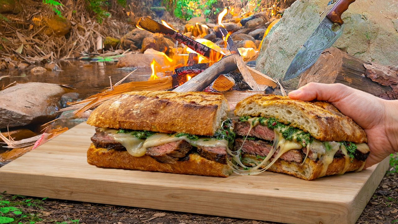 Cooking A5 Wagyu Steak Sandwich Over Campfire 🔥 | Outdoor Cooking in the Forest