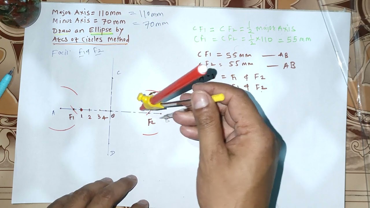 Draw an Ellipse by arcs of circles method.( इलिप्स को आर्कस ऑफ सर्कल मेथड से बनाना)#mechanical