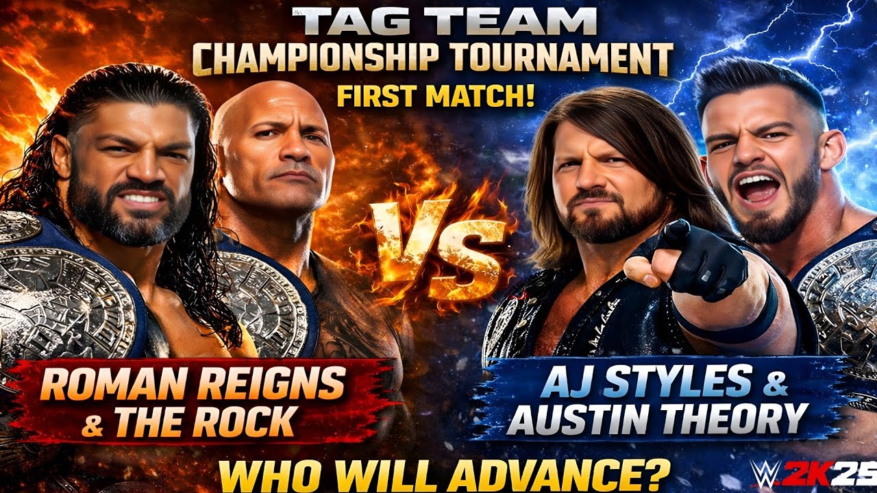 Tag Team Championship Tournament First Match Roman Reigns & The Rock vs Aj Style & Austin Theory 👿 