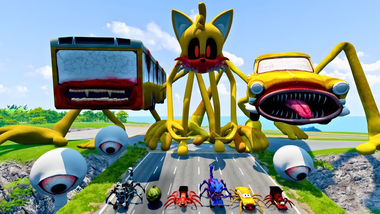 ALL MONSTERS Большие и маленькие машинки Безумный спуск с SMILE TAILS SONIC MONSTERS BeamNG Drive