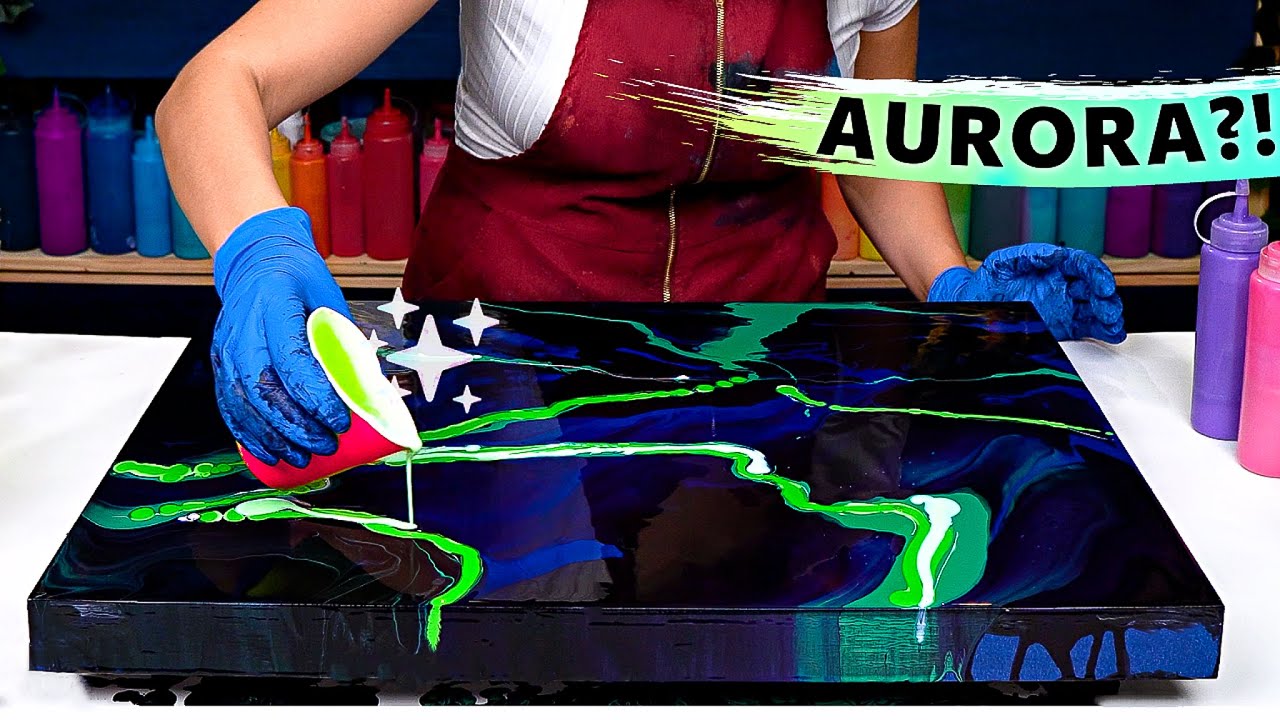 Северное сияние💚 Идея светящегося в темноте пейзажа | Фосфоресцирующая акриловая заливка - флюид арт