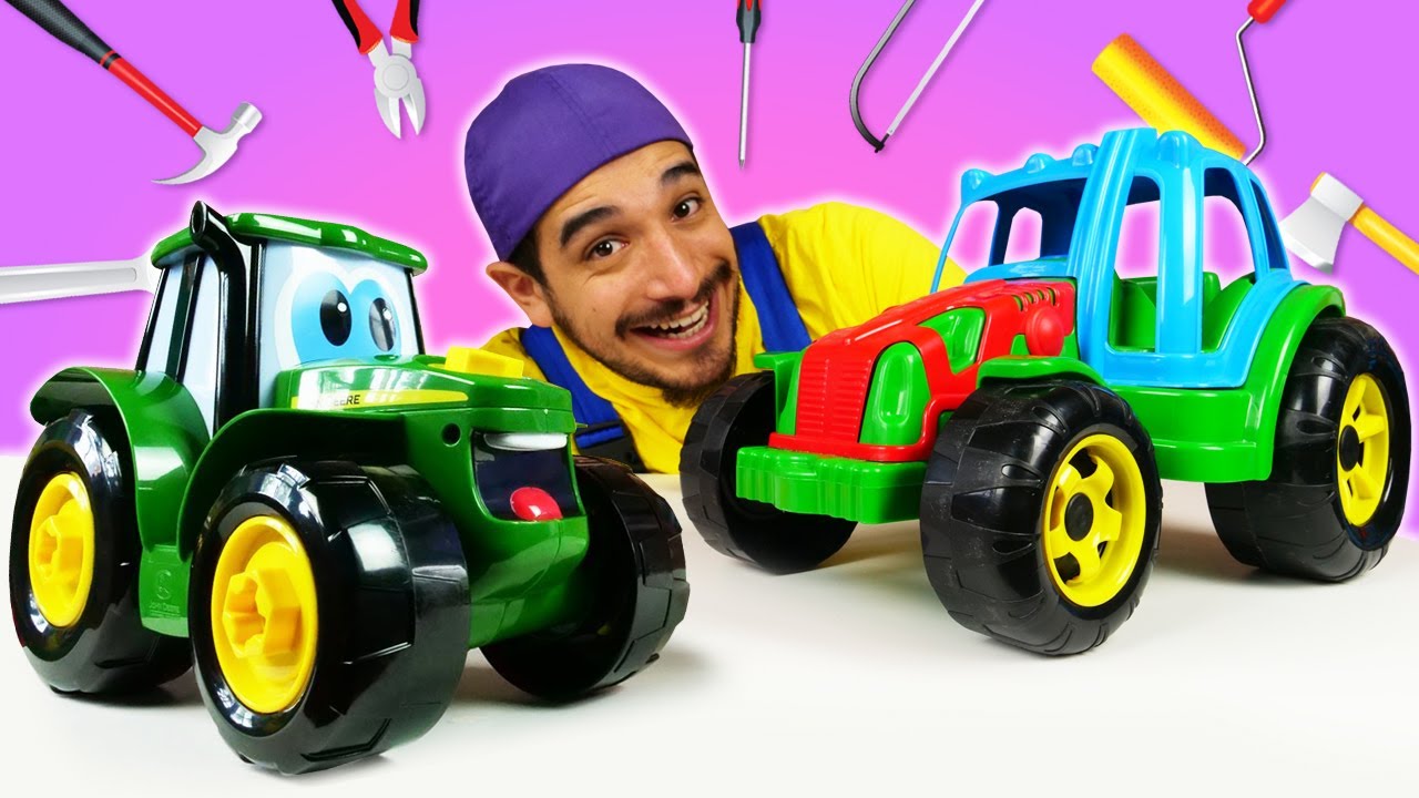 Coches de juguete.”Oh, se dañó” con el tractor Johnny. Vídeos de juguetes. Juegos de tunear coches