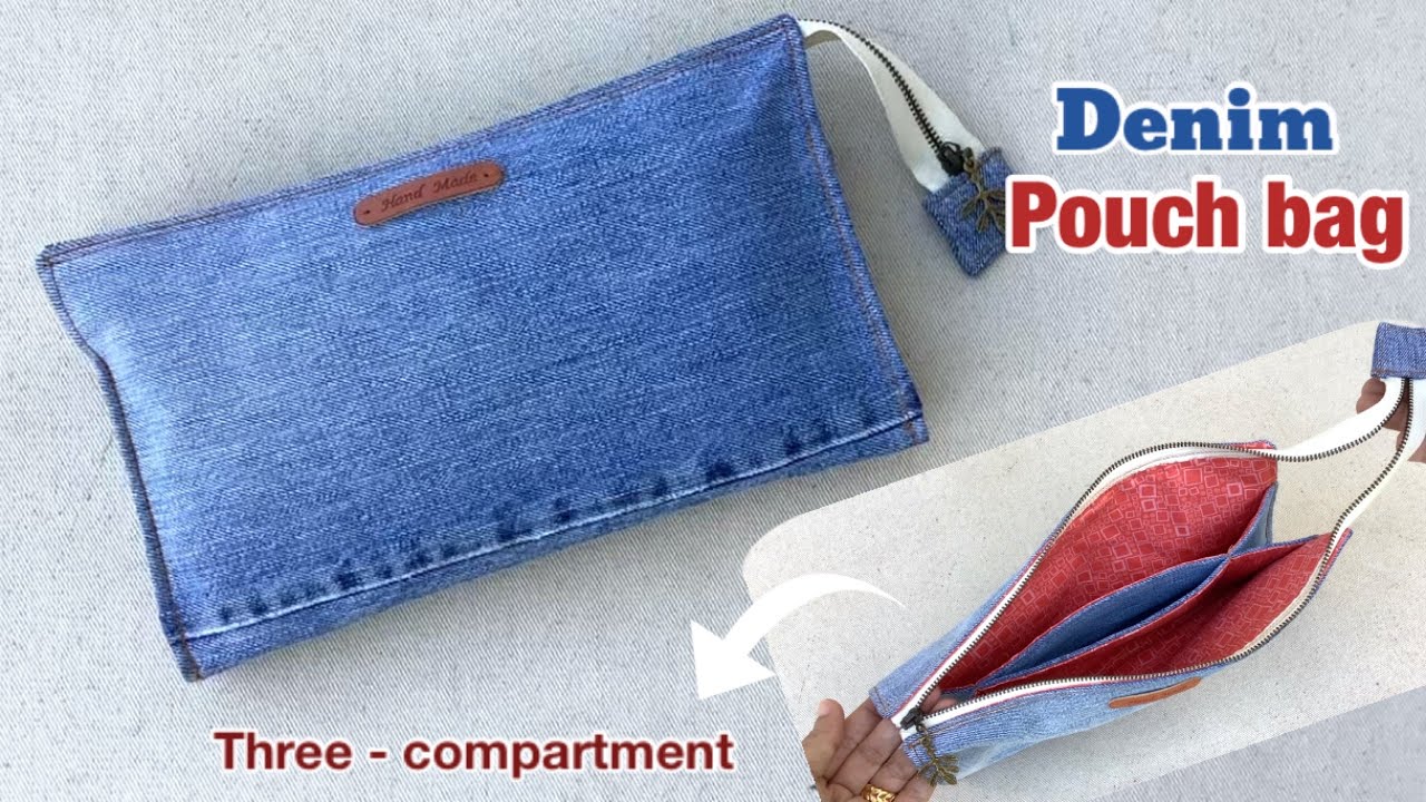 how to sew a three - compartment pouch bags tutorial ,sewing diy a denim pouch bags with compartment