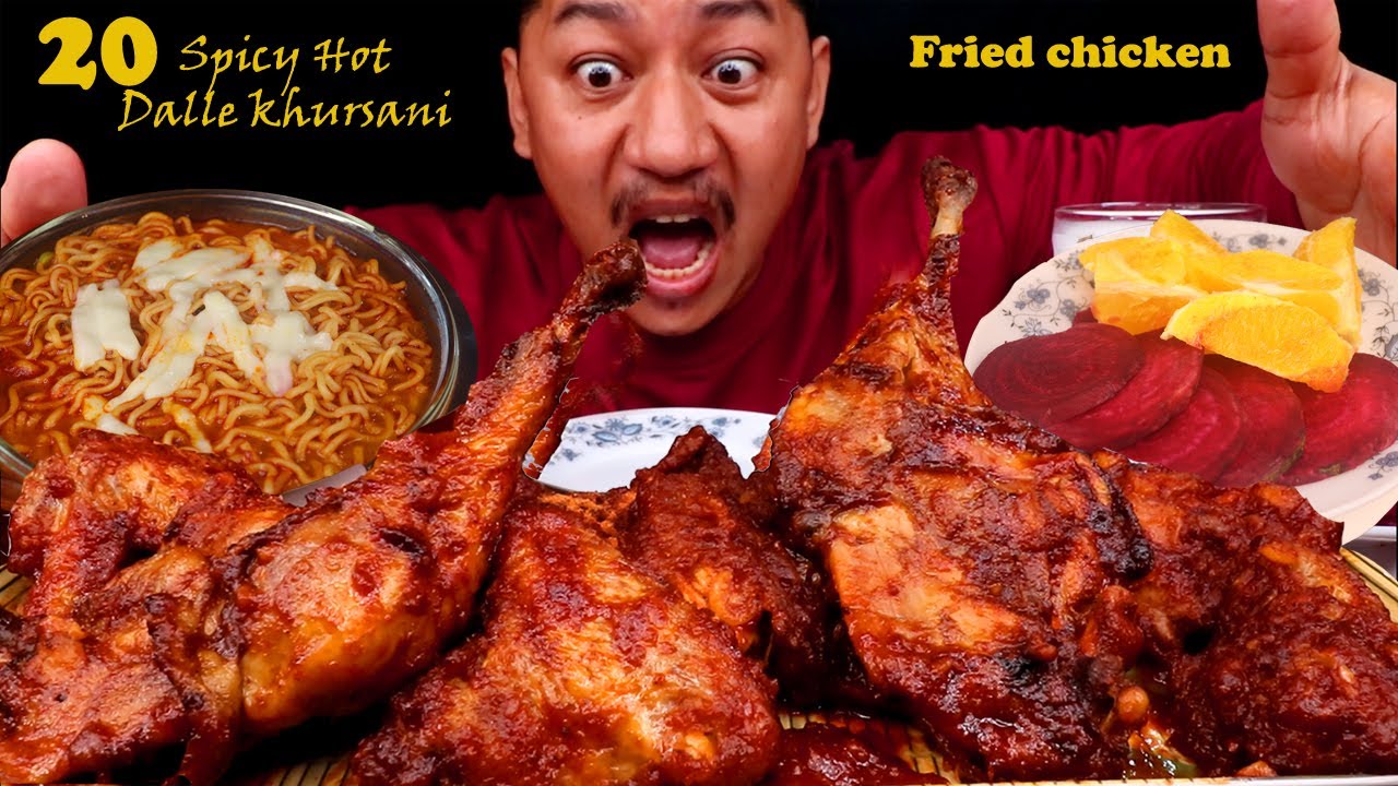 Piro piro Dalle fried chicken, cheesy spicy noodle, sweet lassi, beet salad Mukbang