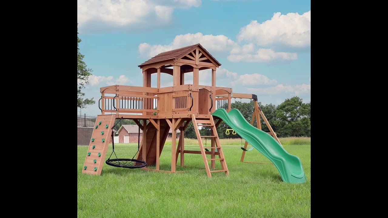 Backyard Discovery Sterling Point Cedar WoodSwing Set with Wave Slide, Clubhouse