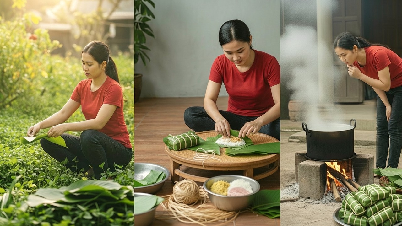 Harvesting leaves, making banh chung and cooking for Tet (Vietnamese New Year).