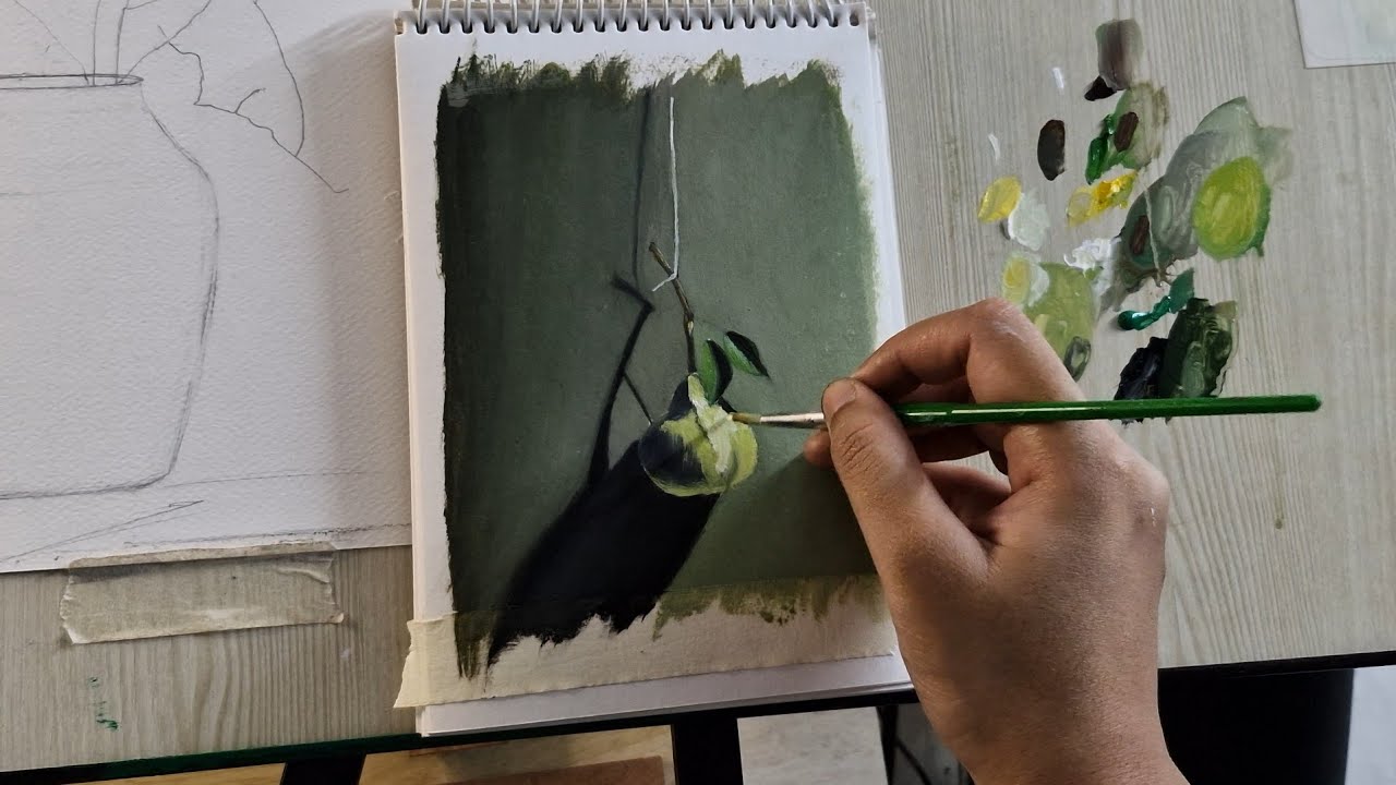 Painting still life with oil paint/ Painting on paper with oil paint 
