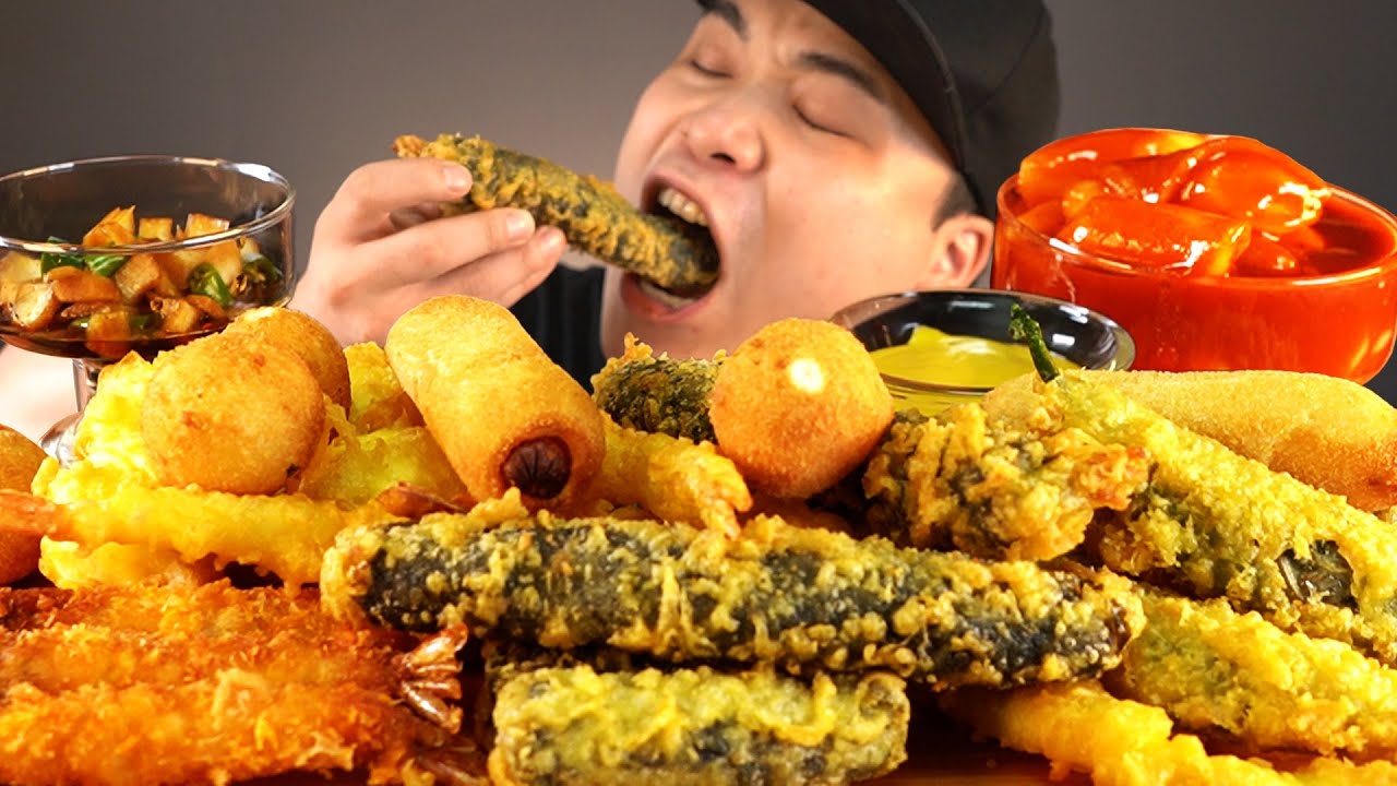 새우튀김, 고추튀김, 김말이튀김등 여러가지튀김과 떡볶이 먹방~!! 리얼사운드 ASMR social eating Mukbang(Eating Show)