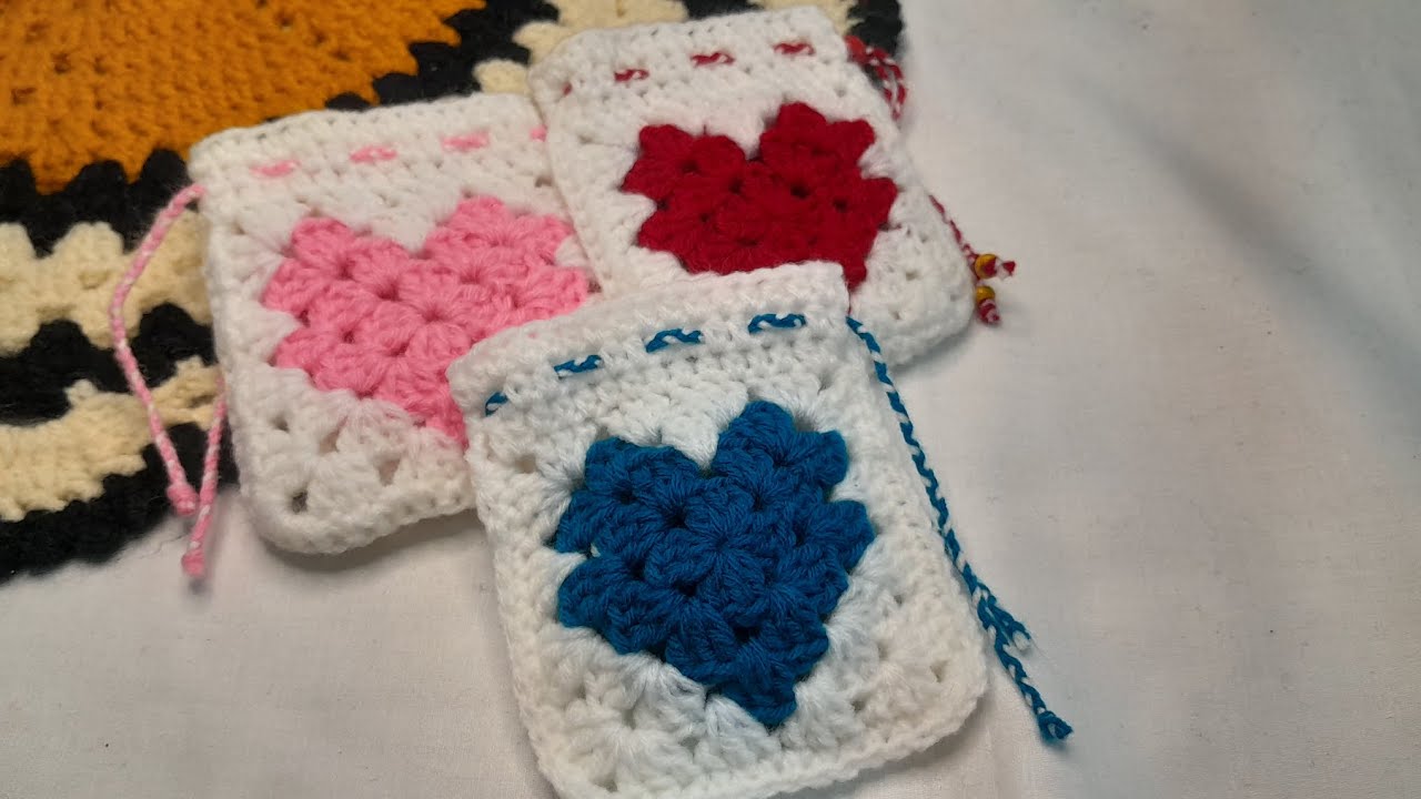 Crochet heart shape granny Square pouch tutorial || easy tutorial step-by-step   