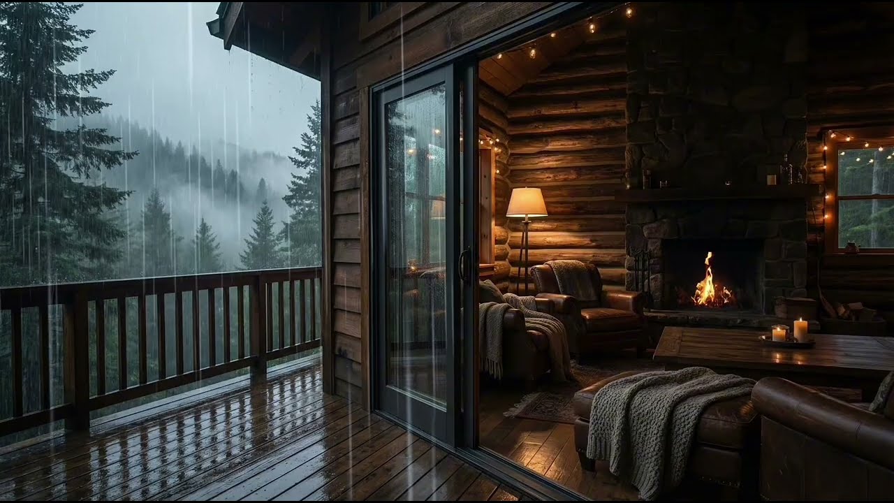 Ultimate Rainy Forest Cabin Ambience 🌧️ Relaxing Balcony View + Fireplace Glow