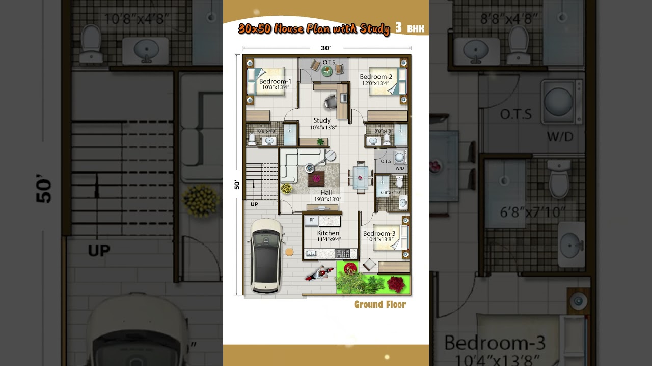 35&rsquo;&times; 50&rsquo; House Plan,  3 BHK, 3 Bath+ Study & Car  Parking, 35 by 50 , 35*50 Home Design
