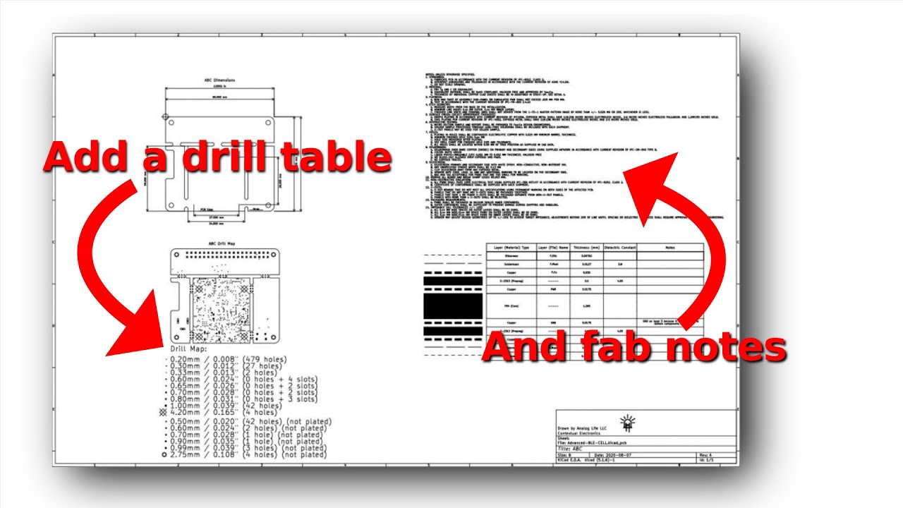 Drill Tables and Fab Notes on a PCB Fab Drawing