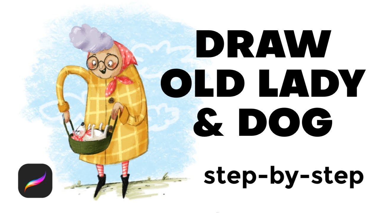 How to Draw a Cute Old Lady & Dog - Step by Step Digital Tutorial in Procreate