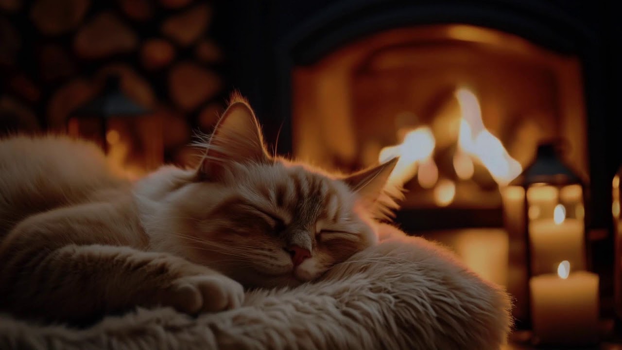 24 Hours Of Relaxing Soft Piano for Anxiety Relief & Deep Cat Sleep | Cozy Fireplace Ambience