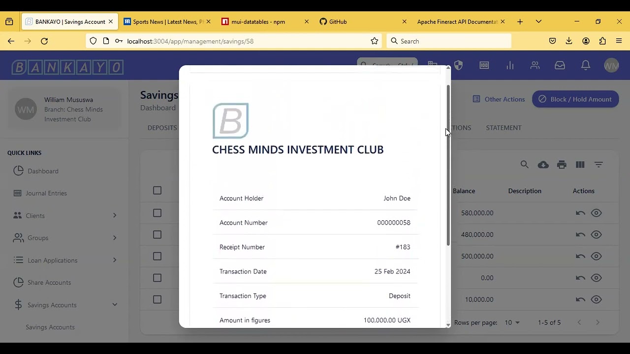 Deposits, Withdrawals, Receipts and Account Statements in BANKAYO UI for FINERACT