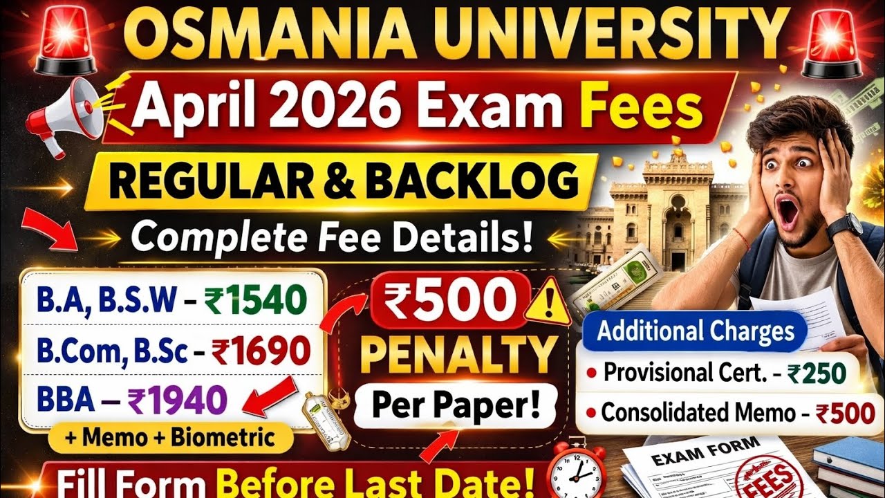 Osmania University April 2026 Exam Fees Update | Regular & Backlog Full Details | ₹500 Penalty Alert
