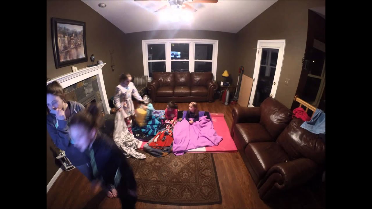 Time Lapse of a Party, kids playing, doing gymnastics, then watching a movie