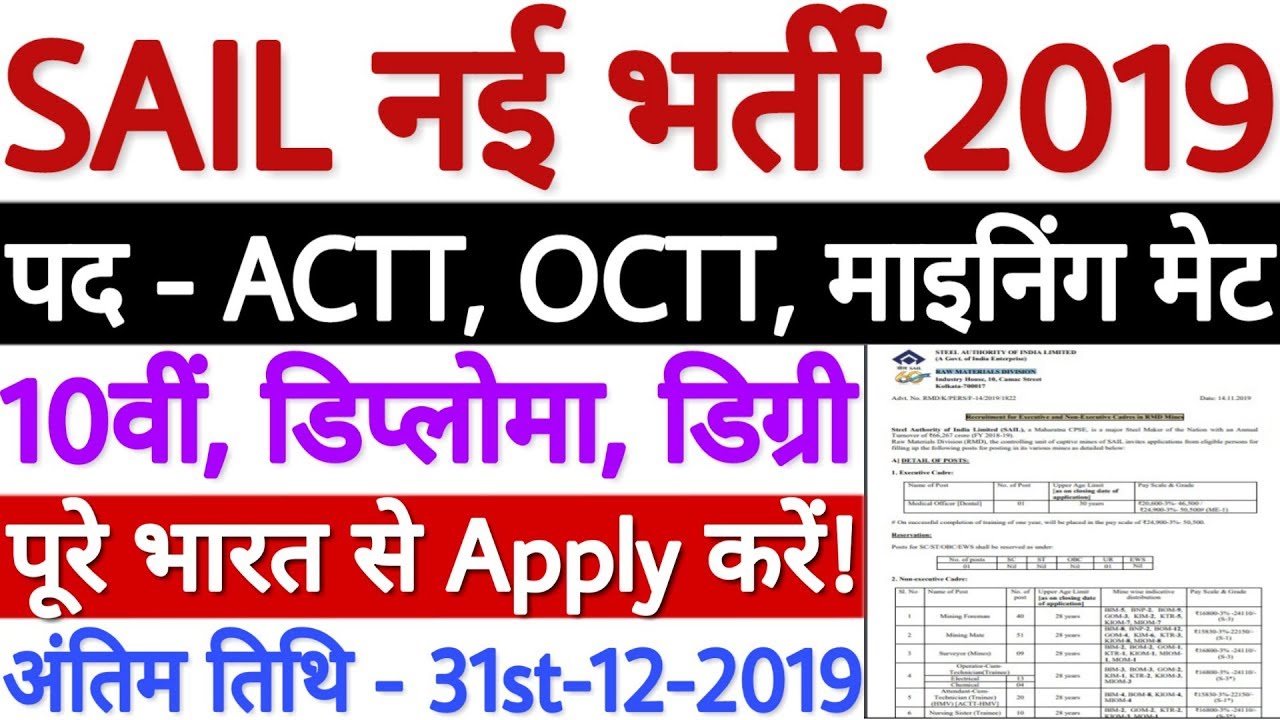 SAIL Recruitment 2019 For Mining Foreman/ Mate, OCTT, ACTT 148 Posts | SAIL Vacancy 2019 All India