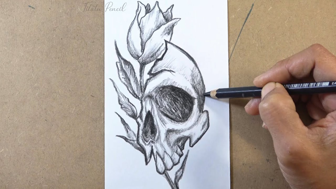 Drawing Skull and Tulip Flower Tattoo Design | Pencil drawing