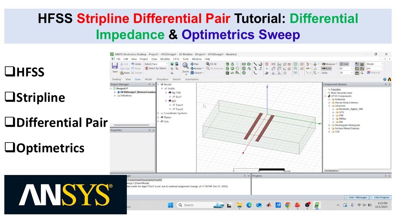 HFSS Stripline Differential Pair Tutorial: Differential Impedance & Optimetrics Sweep