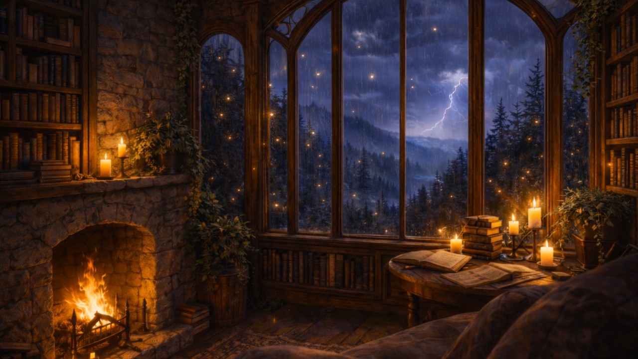 Enchanted Rainy Night Library 🌩️🔥 Fireplace, Rain & Thunder Sounds for Deep Sleep