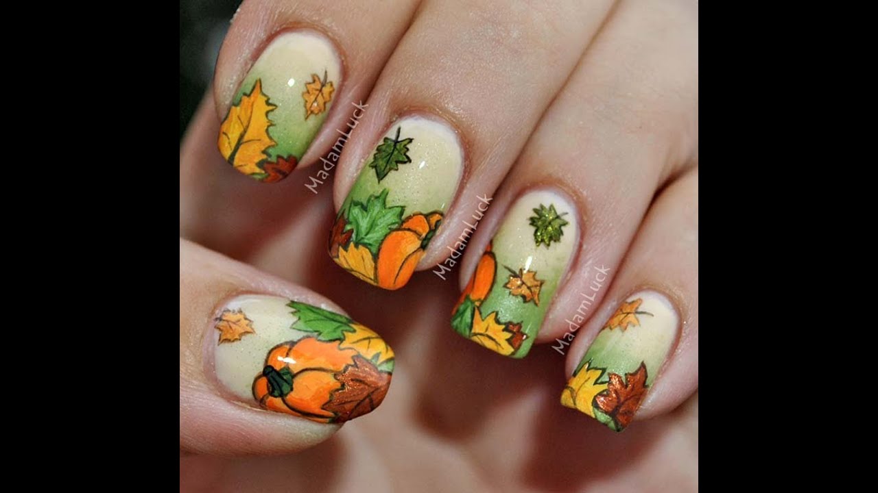 Autumn Leaves and Pumpkins nail art