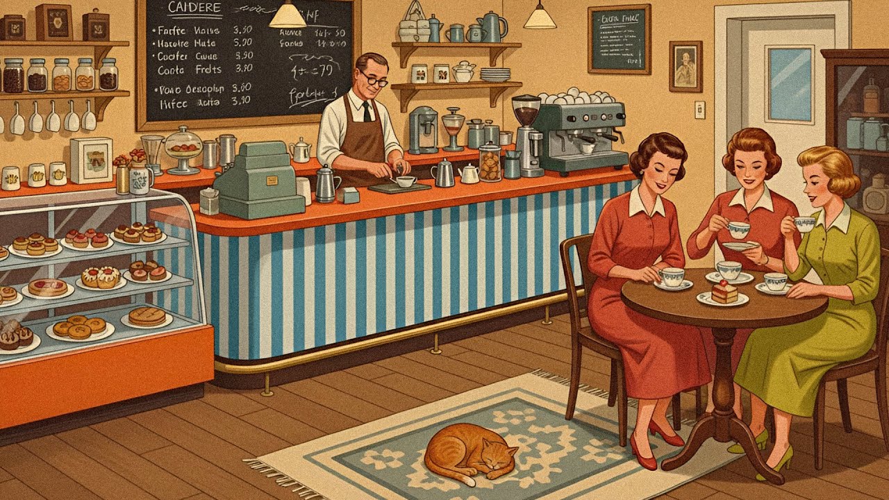 a calm café filled with soft 40s–50s jazz (relax music, cozy atmosphere, sleep vibes)