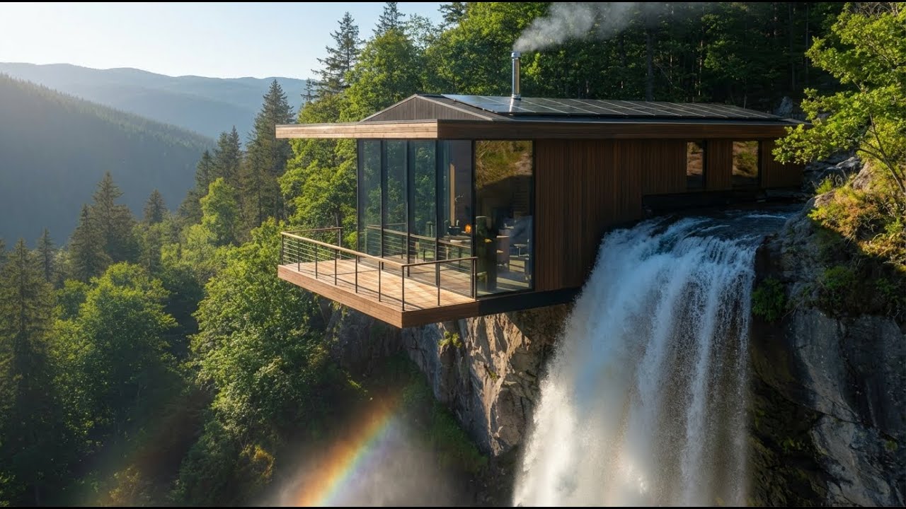 Building a Modern Glass House Alone on a Massive Waterfall