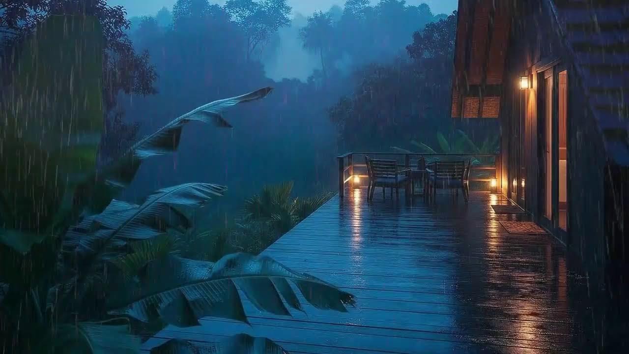 Sleep Now with Light Rainfall and Distant Rumble at Wooden Cabin Terrace 🌧️