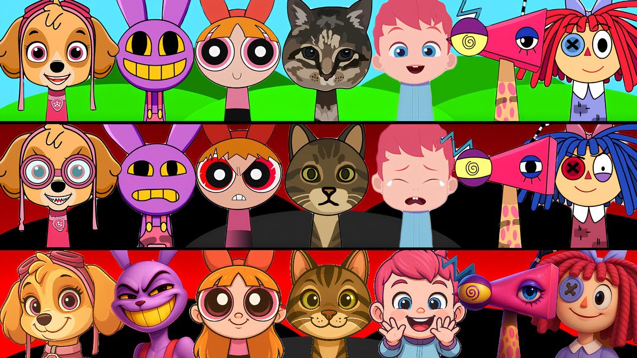 Incredibox Sprunki OC Phase 1 to Phase 3 OO EE AA Spinning Cat, Zooble (Digital Circus), Blossom