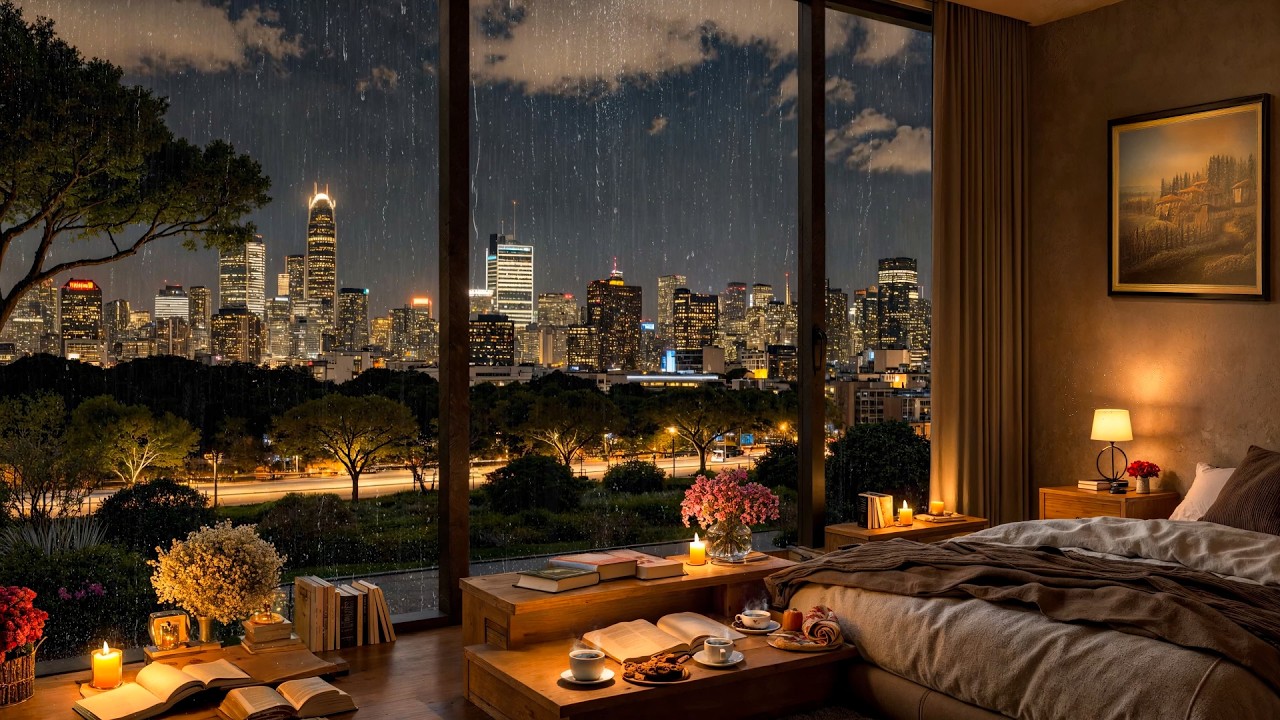 Rainy Night City View from a Cozy Bedroom 🌧️ Relaxing Jazz Music for a Peaceful Mood