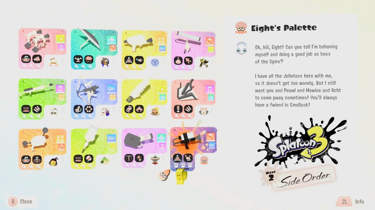 Splatoon 3 Side Order - Smollusk All 12 Info Weapon Gun Palette + Agent 8 Palette