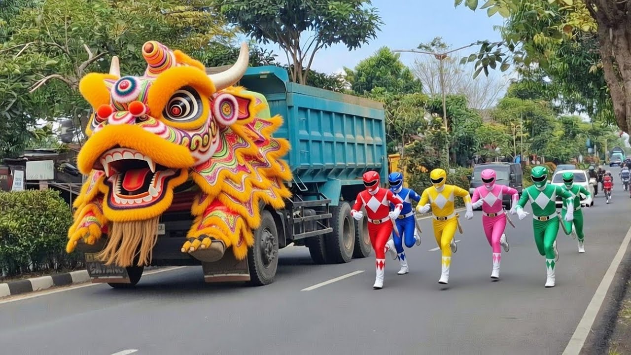 WOW‼️TRUK BARONGSAI MENGEJAR POWER RANGERS WARNA WARNI 😱