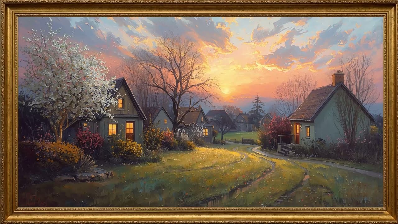 2 Hours Spring Village Sunset Painting | Cozy Countryside Oil Art | Gold Framed for TV 4K