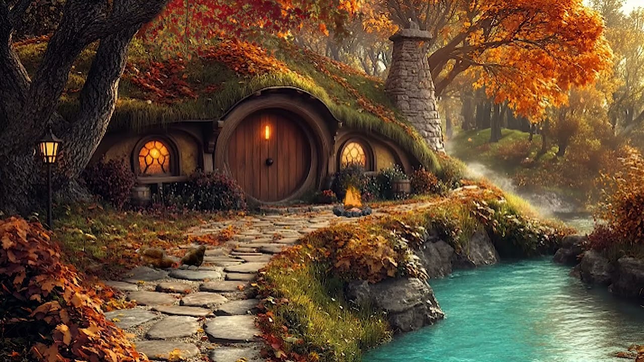 Cozy Autumn Air in the Shire | Nature Sounds of Hobbit Village, Running Water, Fire Bunning