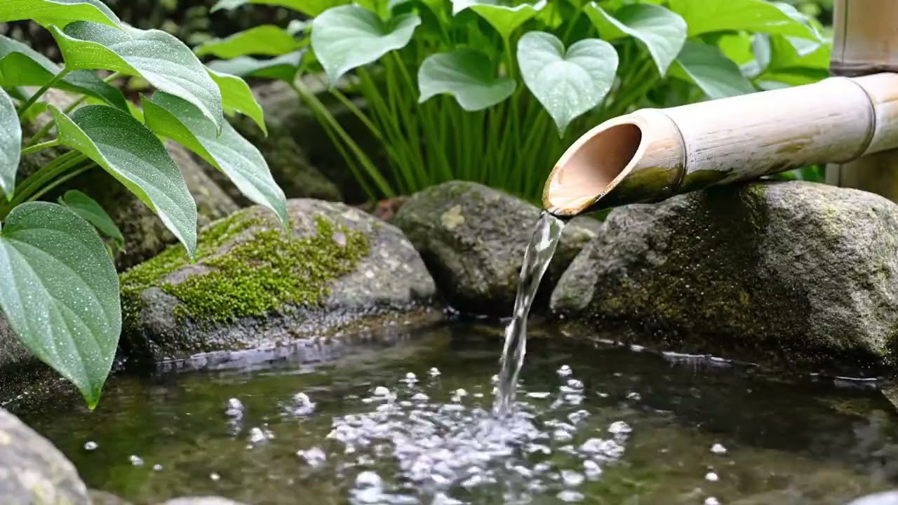 Peaceful Bamboo Water Fountain Ambience in a Lush Garden for Deep Sleep and Relaxation