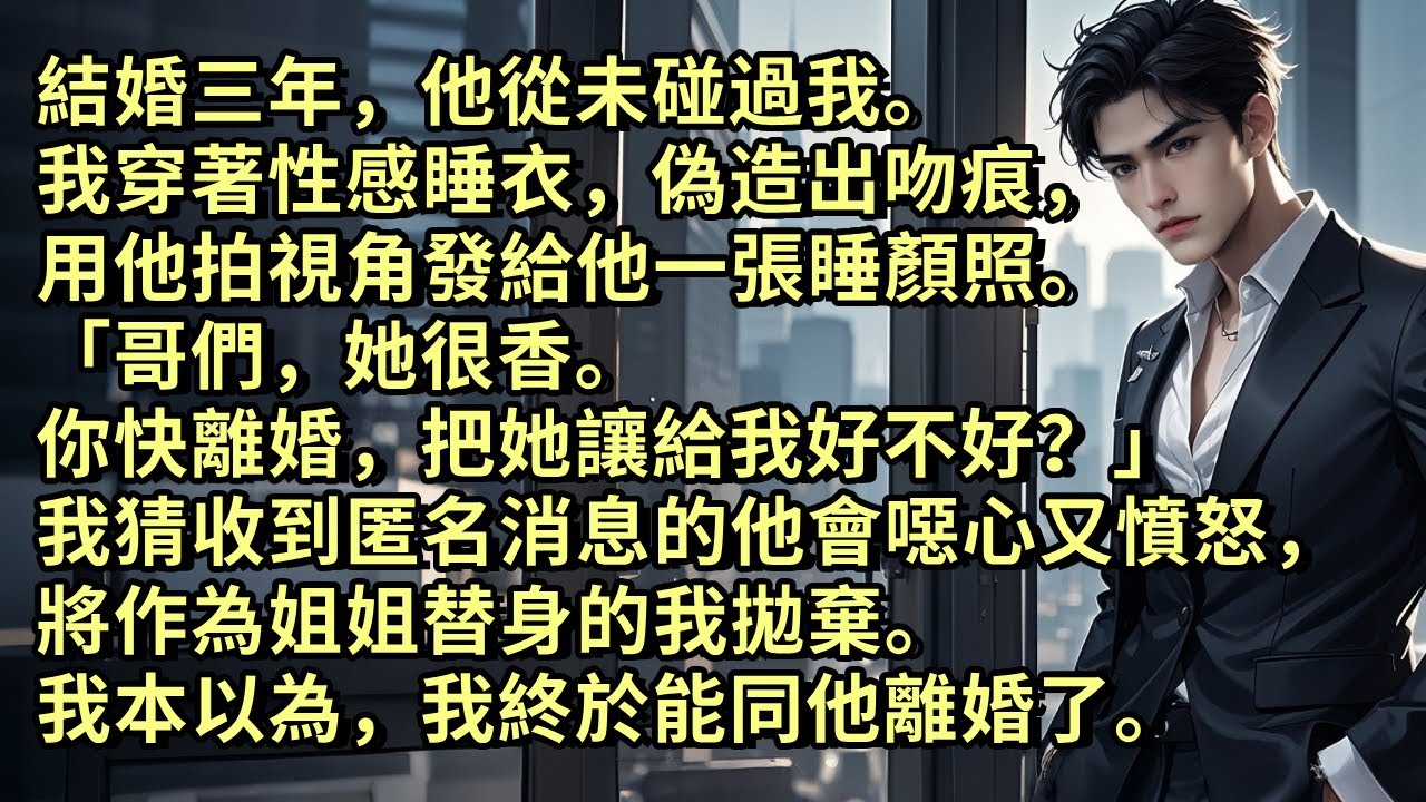 結婚三年，他從未碰過我。我穿著性感睡衣，偽造出吻痕，用他拍視角發給他一張睡顏照。「哥們，她很香。你快離婚把她讓給我好不好？」我猜收到消息的他會噁心又憤怒，將作為替身的我拋棄。我本以為，我終於能離婚了。