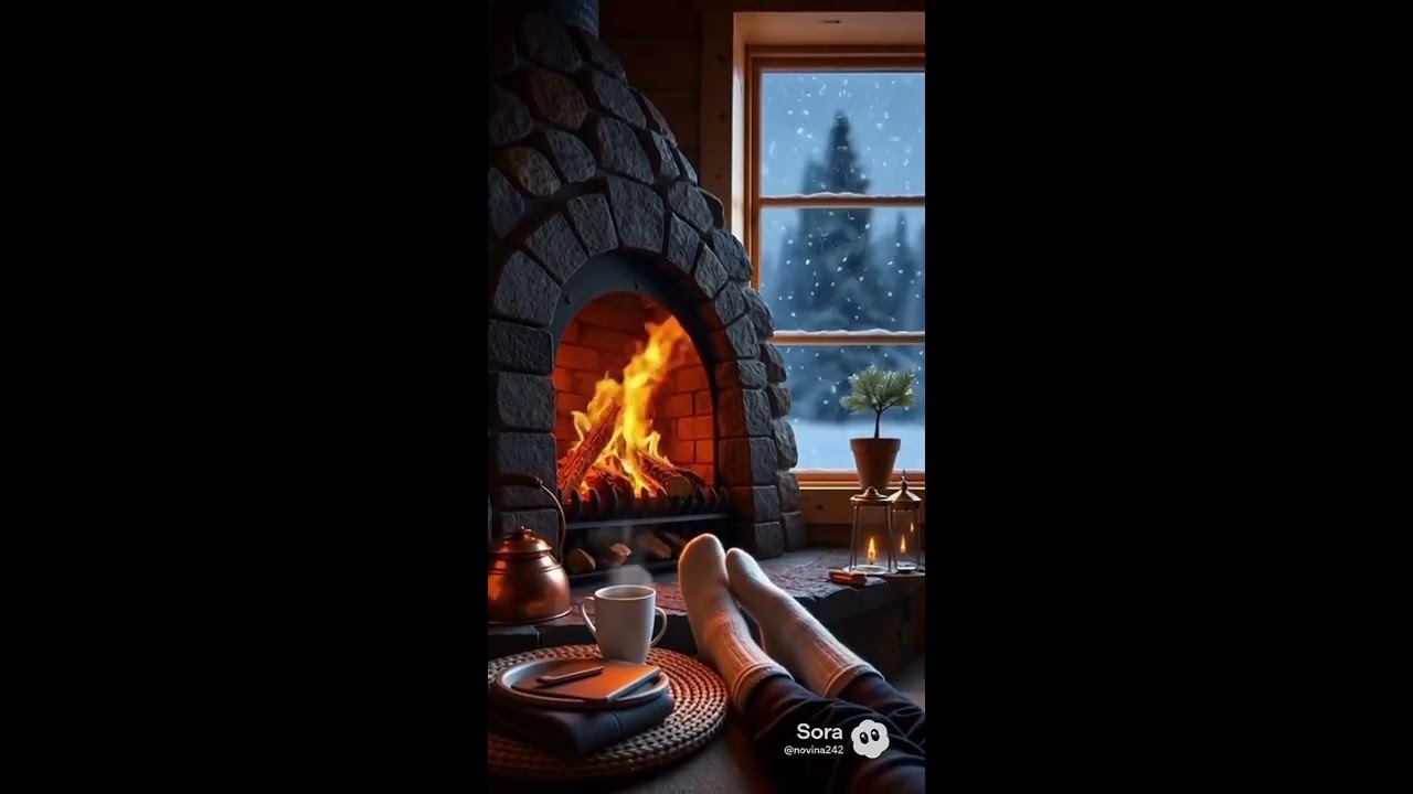 cozy fireplace   snow cold    relaxing   ASMR