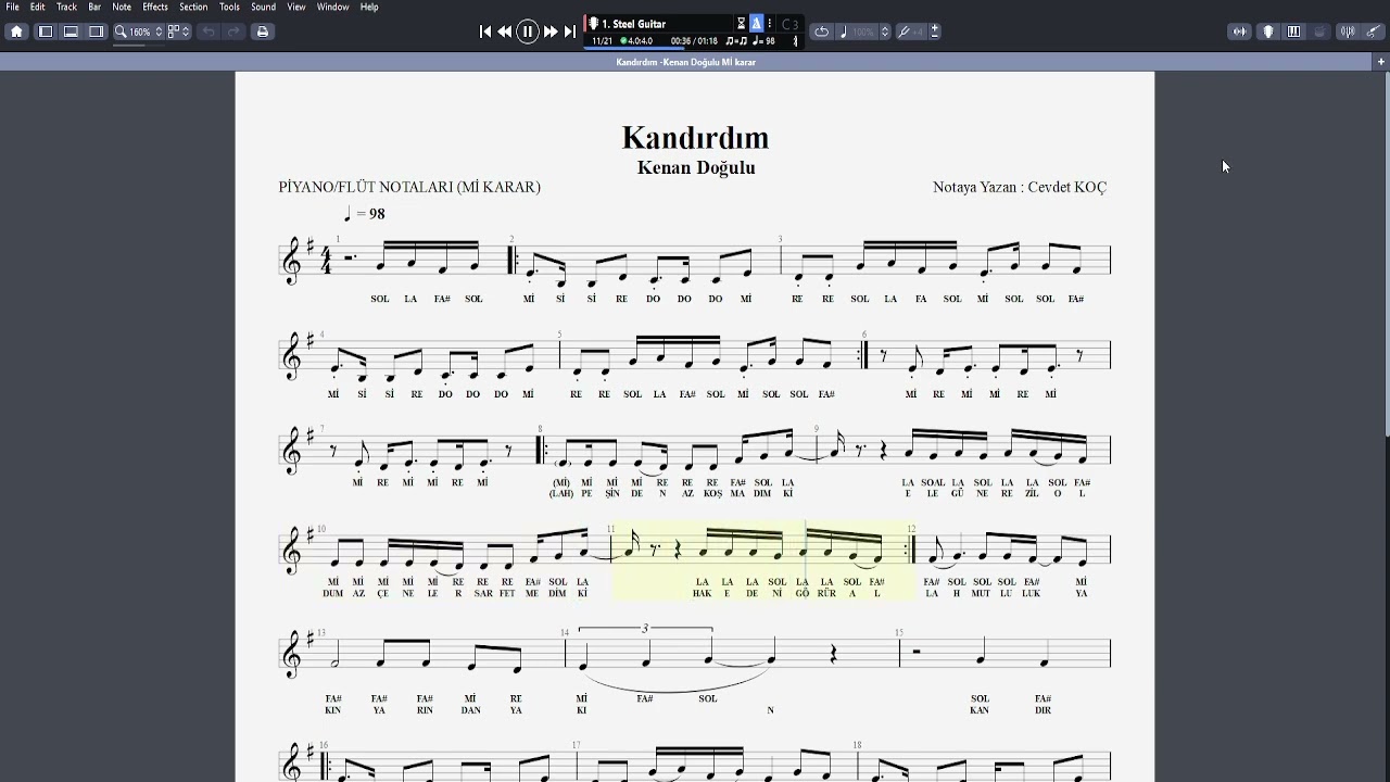 Kandırdım  - Kenan Doğulu NOTA SOLFEJ