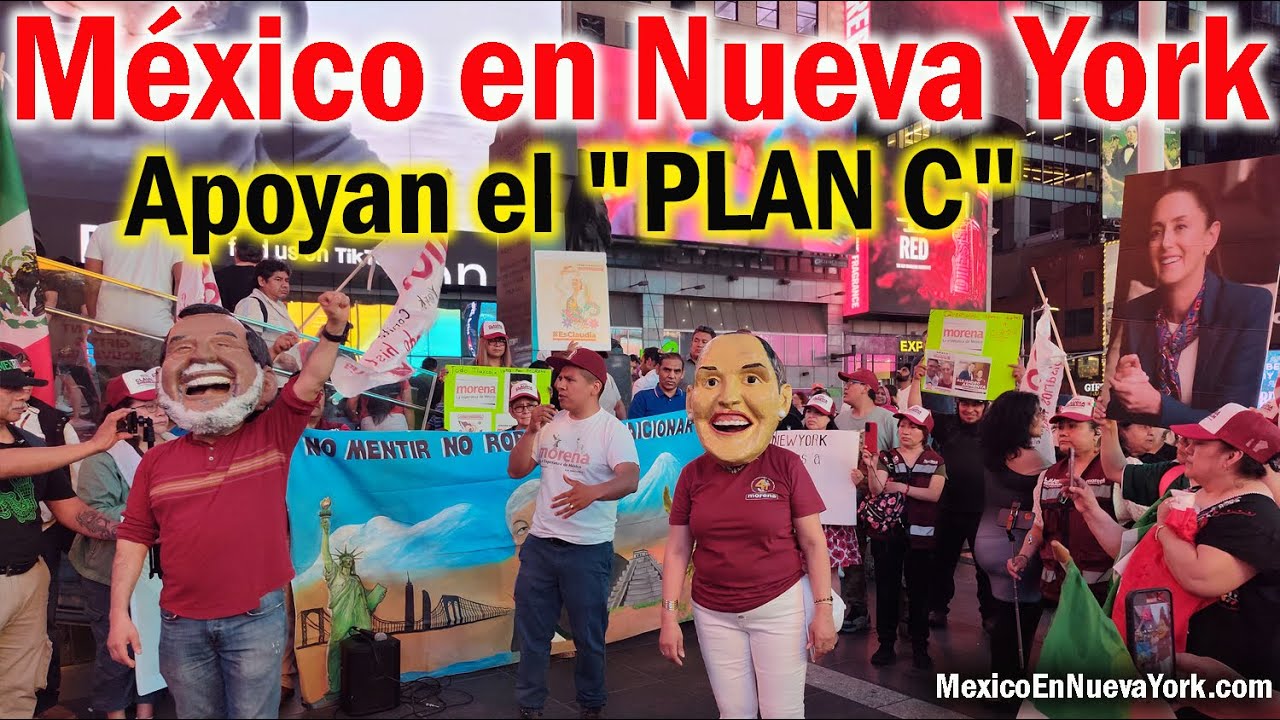 Fiesta en Times Square en apoyo de Claudia Sheinbaum para presidenta de México.