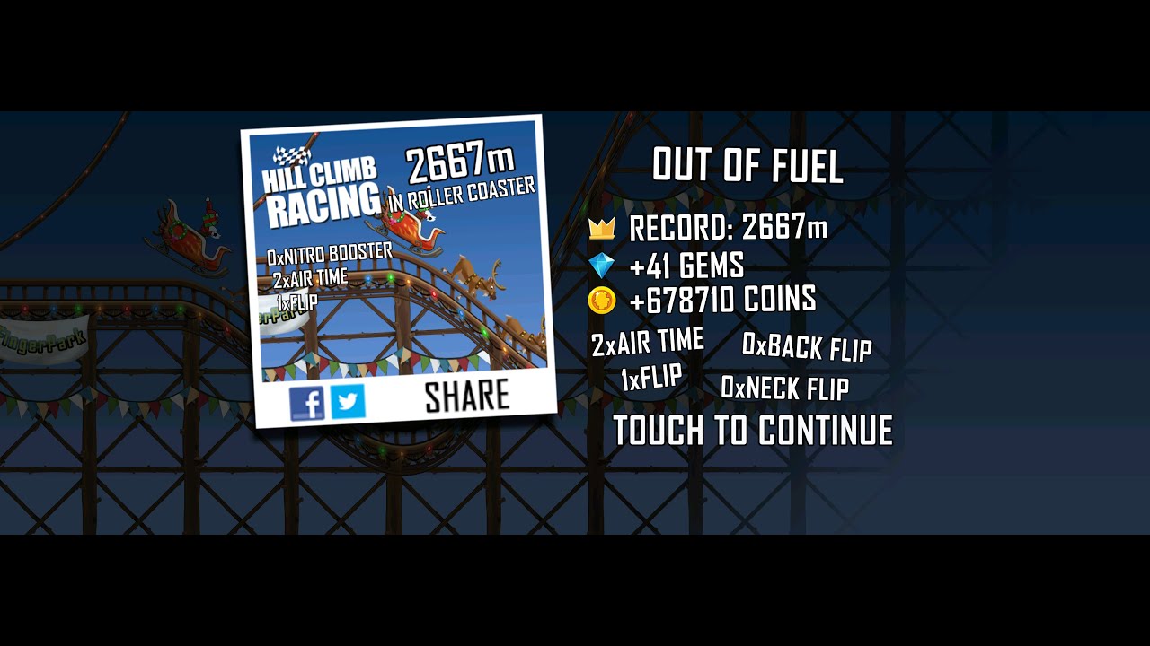 Hill Climb Racing: 2667m in Rollercoaster on Sleigh (no boosters, no pets)